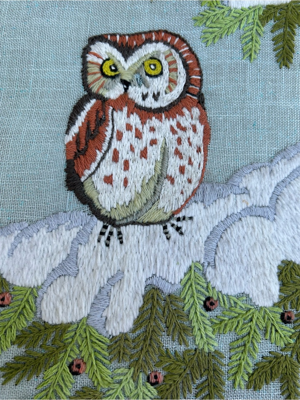 Vintage Art Crewel Owl Framed Embroidery Handmade Winter Cottagecore 18.5x23.5 - Picture 4 of 13